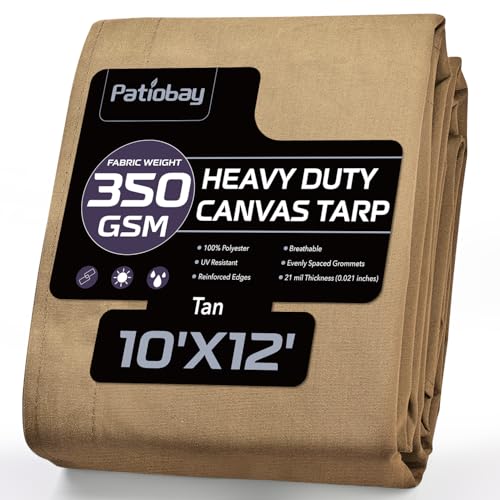 Patiobay Canvas Tarp 10x12 Feet, 12 Oz Heavy Duty Waterproof with Rustproof Grommets, UV Resistant, Multipurpose Outdoor Tarpaulin for Camping, Canopy, Woodpile, Trailer (Tan)