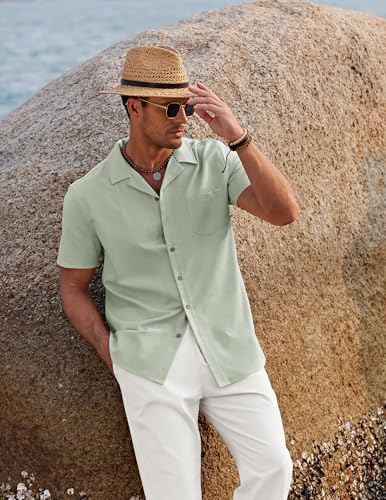 Image of COOFANDY Men 2 Piece Linen Outfit Beach Button Down Shirt Casual Loose Pant Sets
