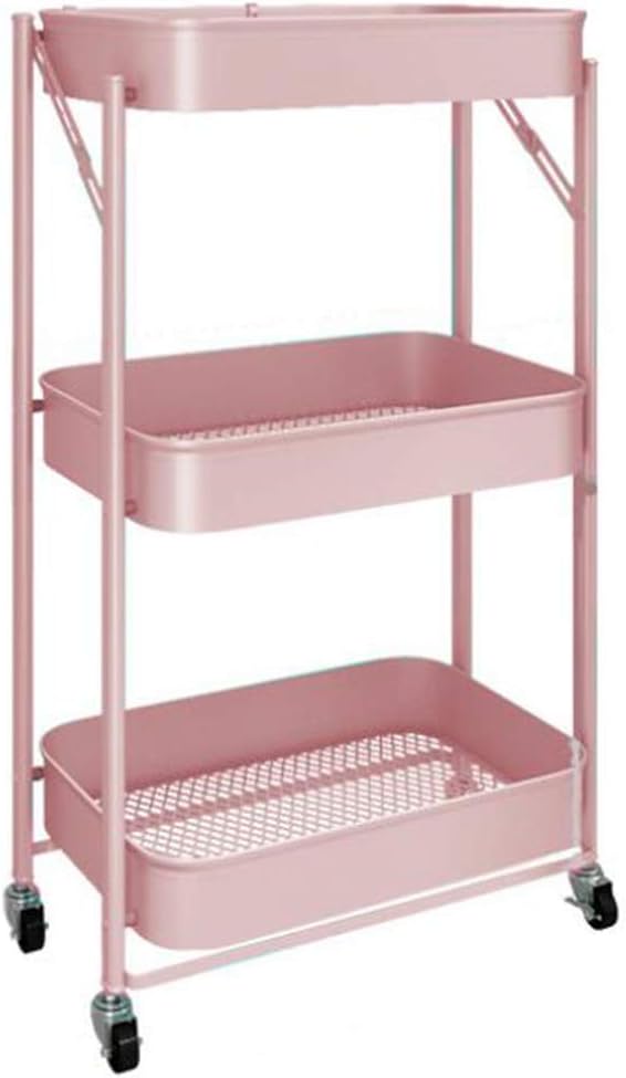 – Storage Trolley Cart, 3 Tier Foldable Metal Rolling Organizer Cart With Casters, Mobile Utility Service Cart For Kitchen Bathroom Office Laundry 77 X 29.5 X 45 Cm(Color:pink)