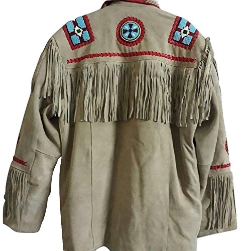 LEATHERAY Men's Fashion Western Genuine Cowboy Jacket Native American Wears Fringed & Beaded Jacket Cow Leather Beige2