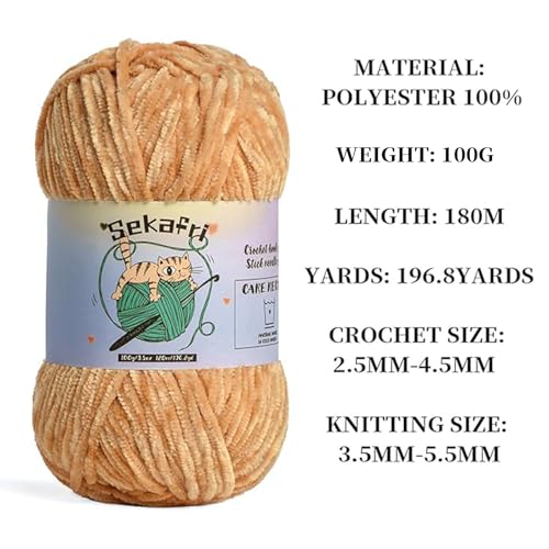 Image of 3 Pack of 300g (590yds) Fuzzy Chenille Yarn for Crocheting,Fluffy Amigurumi Crochet Yarn for DIY Craft /Hat /Clothes, Soft Velvet Baby Blanket Yarns(3 Khaki)