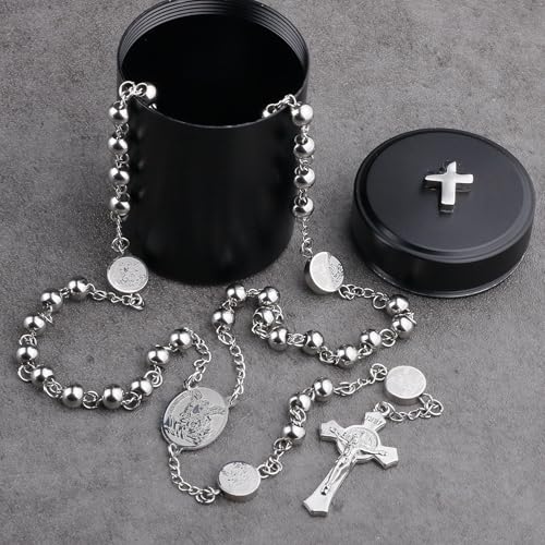 HanlinCC Stainless Steel Catholic Rosary Necklace with Gift Box with Saint Benedict Saint Michael Miraculous medal for Men and Women3