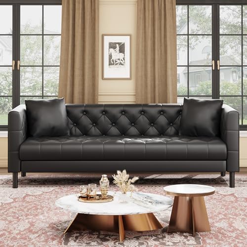 Garvee 81 Inch Leather Couch for Living Room, Modern Leather Sofa with Deep Seat, Handmade Button Tufted 3 Seater Sofa, Chesterfield Couch for Apartment, Office, Black