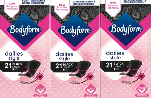 BF Black Normal Panty Liners, 3 Packs of 21, 63 Total Liners, Comfortable, Discreet Protection, Breathable, Daily Freshness, Secure Fit, Odour Control, Soft and Flexible