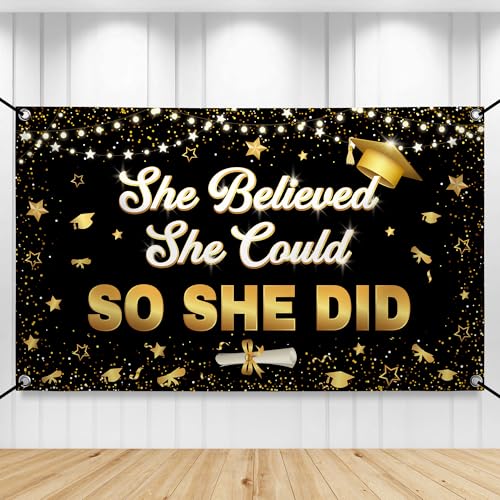 Image of KatchOn, She Believed She Could So She Did Banner - XtraLarge, 72x44 Inch | Graduation Banner Class of 2026 for Graduation Decorations 2026 | Congratulations Grad Party Decorations