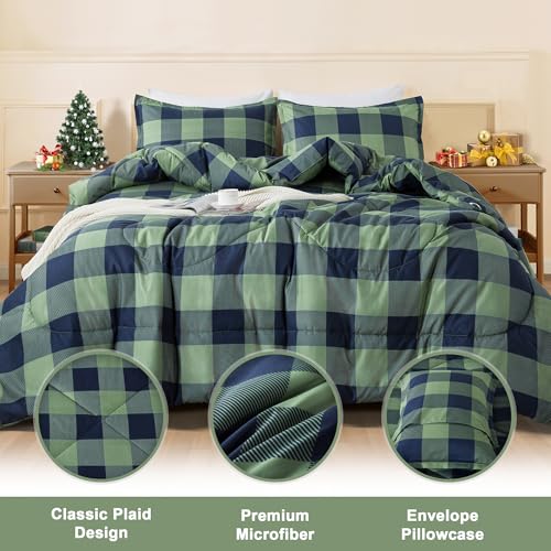 Image of Andency Green Plaid Comforter Full(79x90Inch), 3 Pieces (1 Comforter, 2 Pillowcases) Buffalo Checkered Gingham Bed Set, Soft Geometric Bedding for Boys