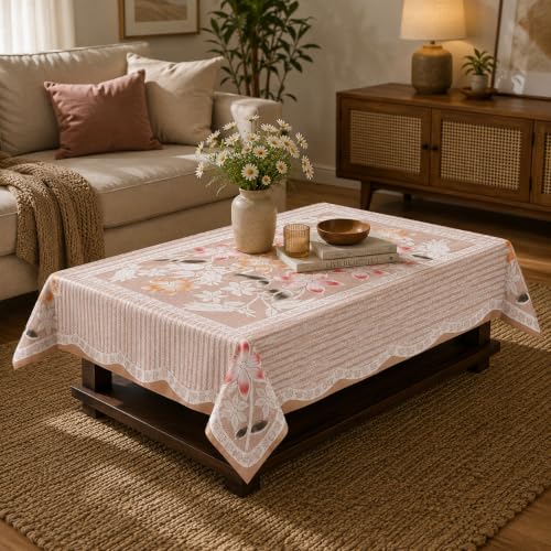 Image of STITCHNEST Florenza Beige Cotton Net Table Cover 40x60 Inches