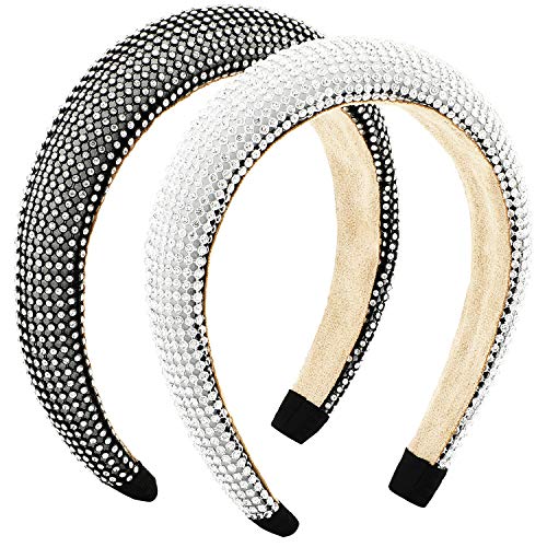 2 Pieces Diamond Padded Headband Rhinestone Headband Crystal Beaded Hairband Wide Hair Hoops Velvet Hair Band Hair Accessories for Woman Girls (Silver, Black)