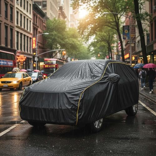 Image of Sulfar 100% Water Resistant Car Body Cover Compatible with Mirror for Toyota Urban Cruiser Tiasor(Breeza) (Triple Stitched, Full Bottom Elastic, Black Tafetta with Yellow Piping)