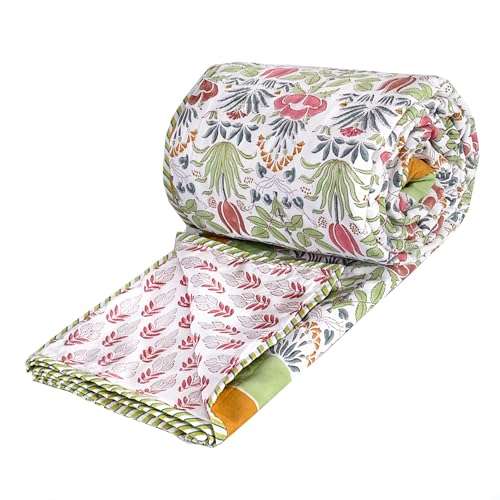 Image of TOAIArt Premium Jaipuri Dohar | AC Blanket Summer Quilt | Hand Block Printed | 3 Layers | Reversible | 150GSM 100% Mulmul Cotton | 100% Cotton Flannel Filling | Queen 90 inch X 108 inch | Spring Floral