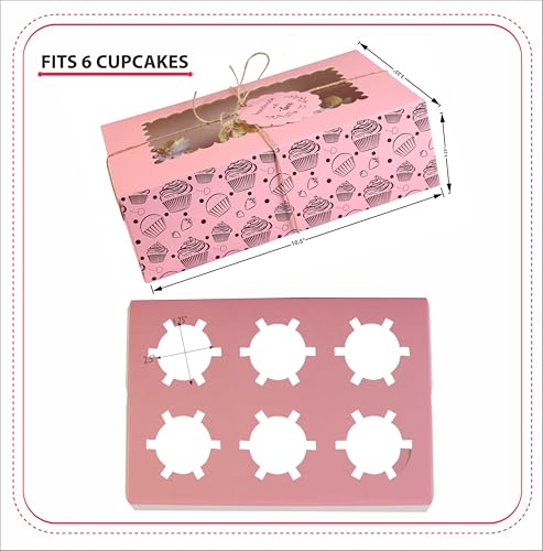 Image of mudrit Cupcake Boxes with Insert Trays (Pack of 10), Cupcake Carrier, Food Grade Bakery Boxes with Windows to fit 6 Cupcakes, Muffins or Pastries (Pink)