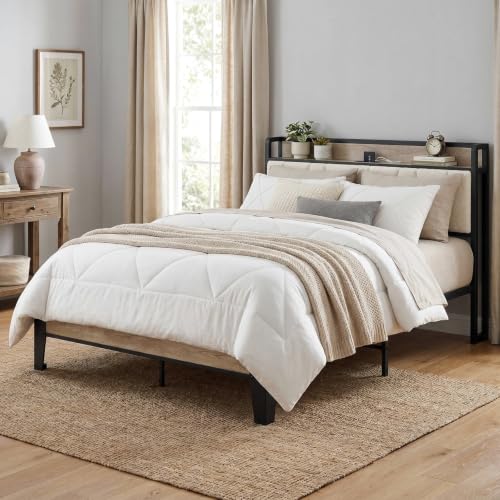 Image of LIKIMIO Queen Bed Frames, Boucle Storage Headboard with Charging Station, Solid and Stable, Noise Free, No Box Spring Needed, Easy Assembly