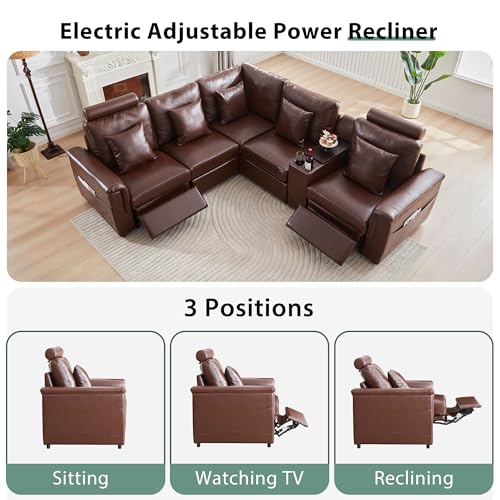 Image of RARZOE Faux Leather Sectional Sofa with 2 Power Recliner, L Shaped PU Leather Couch with Storage Console Charging Cup Holders, 5 Seater Oversized Modular Reclining Couches for Living Room,Brown