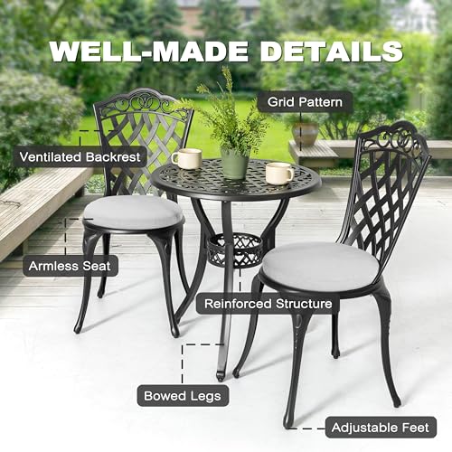 Image of NUU GARDEN 3-Piece Patio Bistro Set Outdoor Cast Aluminum Bistro Table and Chairs Set of 2, Outdoor Patio Bistro Set with Umbrella Hole and Gray Cushions for Patio and Balcony, Black