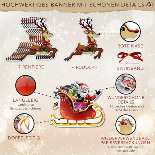 Itsy Bitsy Party Co Premium wiederverwendbare Weihnachtswimpelkette – Weihnachtsdekoration mit Weihnachtsmann und Rentier, Weihnachtsbanner, Weihnachtsgirlande, hängende Weihnachtsdekoration für den I
