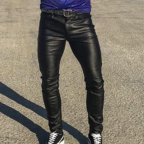 Pantaloni da uomo in pelle spessa nera con lacci laterali stile Jeans pantaloni lunghi in pelle da moto pantaloni da moto in pelle  200000343