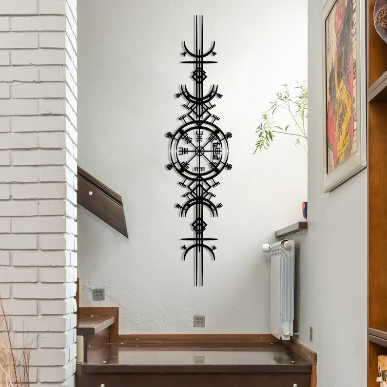 NORTH KAISERMetal Wall Art - Viking Wayfinders Wall Decor - Extraordinary Vegvisir Sculpture - Viking Symbol Wall Hanging - Rune Circle with Mjölnir - Old Norse Sign (Black - 47.2'' x 15.7'' / 120 x