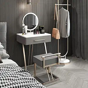 Vandana Interiors Small Faux Marble Makeup Vanity Set with Vanity Stool Dresser with Drawer in PU Leather Upholstery