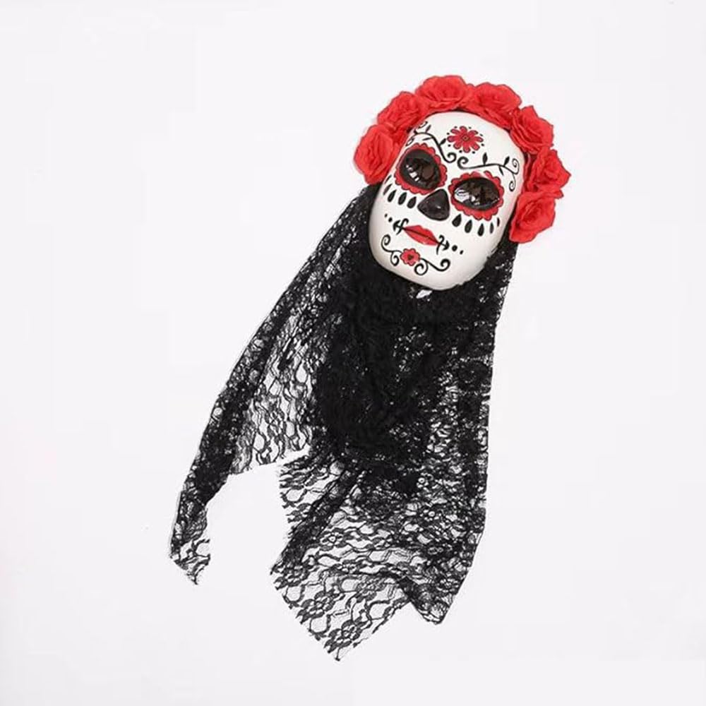 YaYuanSun Day of the Dead Headband and Mask Set including Black Lace Rose Flower Veil Dia De Los Muertos Mask Halloween Costume Mexican Flower Headwear - Image 2