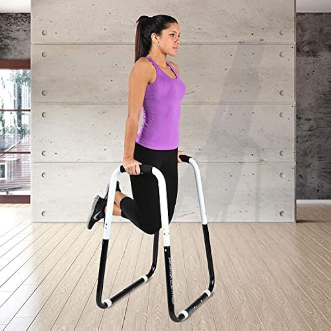 Ultimate Body Press Dip Bar Fitness Station - Adjustable Width Folding Dip Stand with Angled Grips, Stable Leveling and Easy Storage