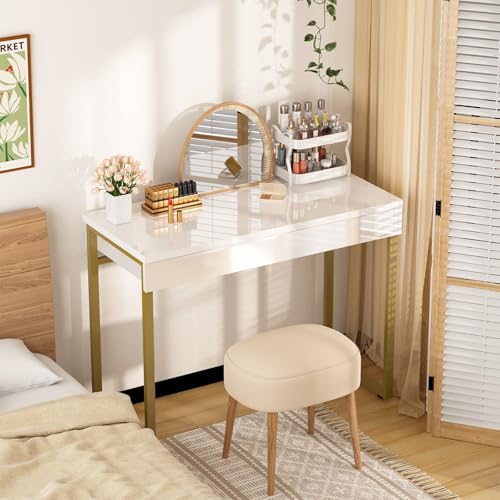 Image of GreenForest Vanity Desk with 2 Drawers,39 inch White Desk with Glossy Desktop Easy Clean,Makeup Dressing Table with Metal Gold Legs for Home Office Small Spaces,Bedroom