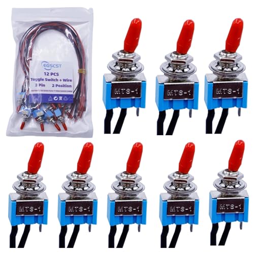 EGSCST 12PCS Mini Toggle Switch SPST with Pre-soldered Wires 6A 3V/5V/12V/24V/72V/110V/220V/240V Miniature ON/Off 3 Pin 2 Position Micro Rocker Switches
