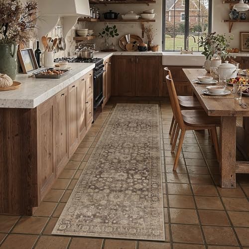 HUGEAR Brown Runner Rugs 2x10 Hallway Washable Rug | Vintage Rug, Bedroom, Kitchen, Laundry, Indoor, Distressed, Durable Soft, Non-Shedding, Non-Slip, Low Pile