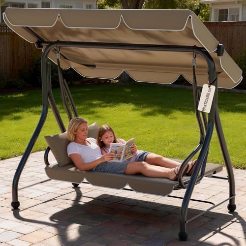Soontrans Hollywoodschaukel mit Liegefunktion 3-Sitzer zum Entspannen für Terrasse Garten 184 x 120 x 160 cm 2-in-1 Gartenschaukel und Gartenliege mit Polsterauflage & Sonnendach & Sitzkissen (Braun