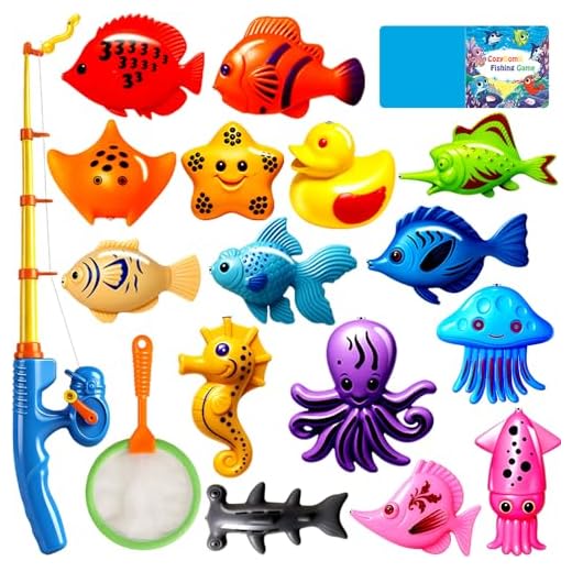 CozyBomB Kids Fishing Bath Toys Game - 17Pcs Magnetic Floating Toy Magnet Pole Rod Net, Plastic Floating Fish - Toddler Education Teaching and Learning Colors (New)