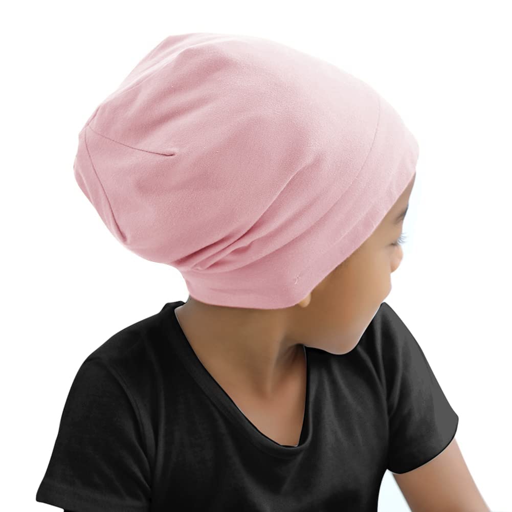 Kids Beanie Sleep Hats Bonnet for Child Curly Frizzy Hair Daily | Night Sleeping Cap Silky Lined Satin Bonnet with Adjustable Elastic Band for Teens Toddler Hair Cover (Candy Pink)
