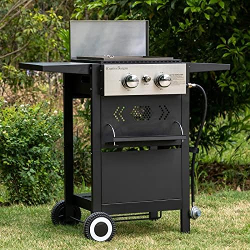 Sophia & William 2-Burner Gas Grill and Griddle Combo Small Flat Top Grill Outdoor Propane BBQ Grill Cooking Station with Side Shelves,Lid and Hose & Regulator for Camping BBQ, Black