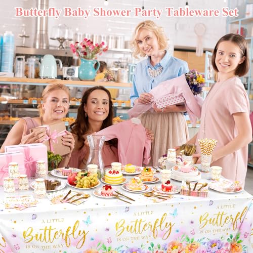 Image of Funnymoom 452 Pcs Floral Butterfly Baby Shower Decorations, a Little Butterfly Is on the Way Paper Plates Napkins Cups Tablecloth Cutlery Straws for Summer Floral Baby Shower Party Supplies