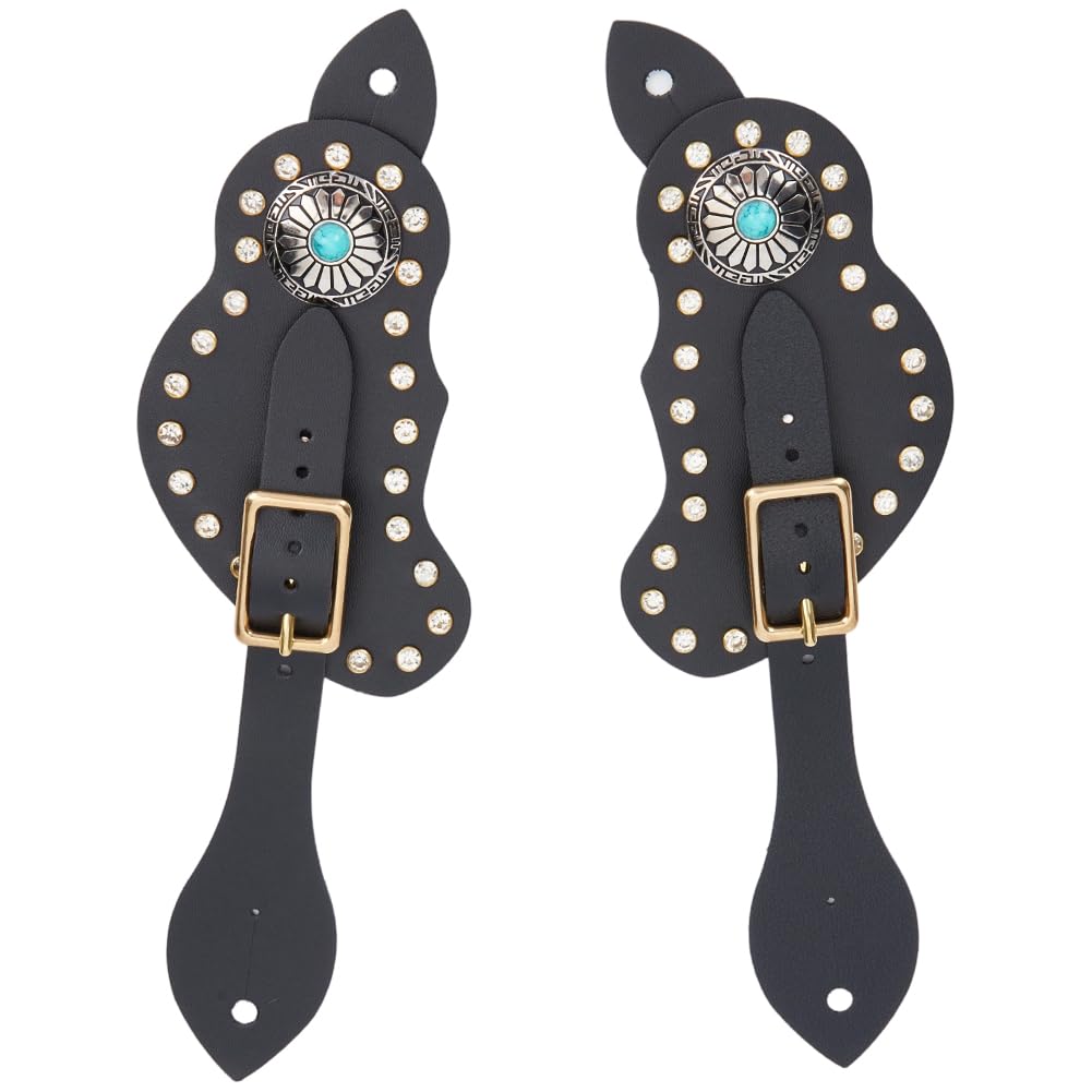 GORGECRAFT 2Pcs Black Spur Straps Adjustable Rhinestone Decorated Synthetic PU Leather Western Men Women Cowboy Vintage Spur Boot Straps Equestrian Belt Band Accessories for Boots Equipment