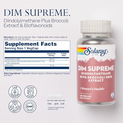Image of SOLARAY DIM Supreme - Supplement 100mg - Diindolylmethane Complex with Broccoli Seed Extract and Bioflavonoids - Women's Health and Balance Support - 60-Day Guarantee - 60 Servings, 60 VegCaps