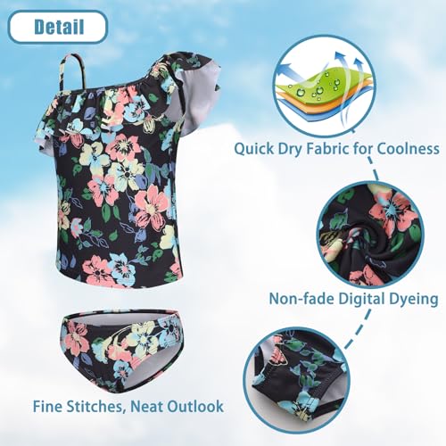 Image of Girls Two Piece Tankini Swimsuits Tie Dye Bathing Suit for Kids One Shoulder Swimwear 3-16 Years