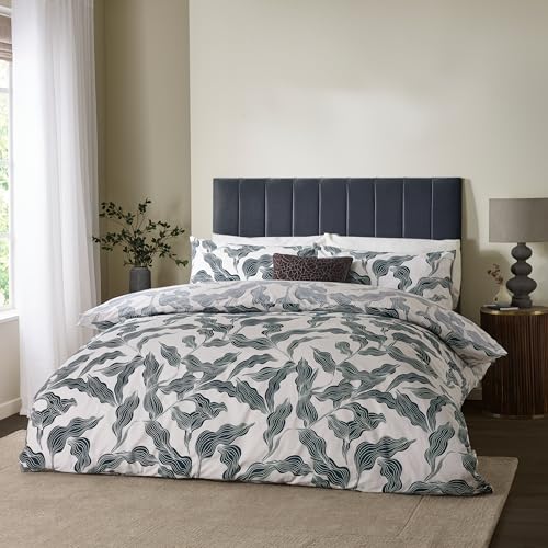 Set copripiumino Hoem Lauro - Biancheria da letto reversibile in misto cotone con motivo a foglie botaniche (Dusk - King)