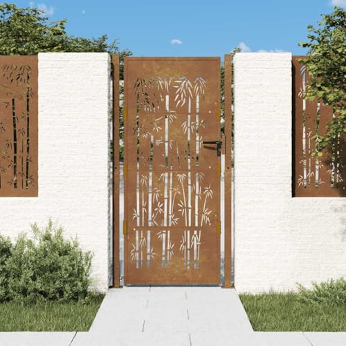 Corten Steel Bamboo Design Garden Gate 39.4x78.7 Heavy Duty Laser Cut Lockable Entry Gate for Fence Patio Rust Protective Layer Easy Assembly