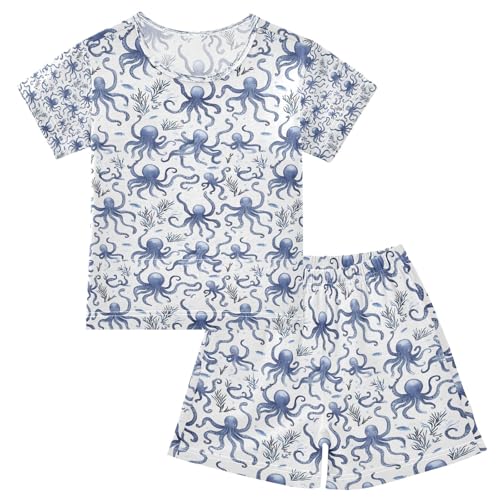 senya Blue Octopus Sea Grass Summer Pajamas Set Short Cotton Sleepwear 2 Piece