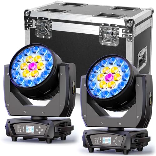 2 Piezas con Flightcase 19 X 15W Wash Zoom Cabeza Móvil, RGBW 4 en 1 LED Enfocando Luz 4 Modos de Control Profesional Escenario Moving Head para Fiesta KTV Concierto Bar Festival Boda Discoteca