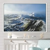 Framed Canvas Wall Art Foggy Mountains Aerial Cool Multicolor Nature Photography Realism Relax/Calm Rustic Wilderness - 16x24 inches