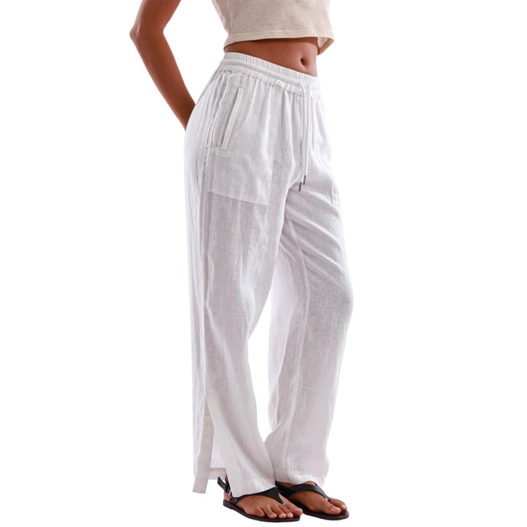 Amazhiyu Pantaloni da donna in 100% lino, gamba larga, elastici, con spacco laterale e tasche