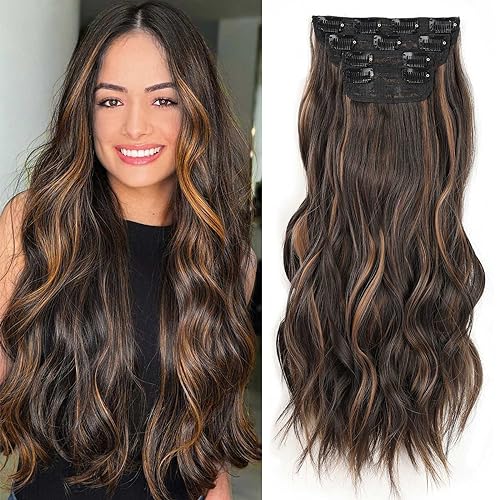 Xtrend 20Inch Dark Brown Golden Wavy Clip in Hair Extensions - 4PCS Full Head Set, Thick Curly Wavy Synthetic Hair