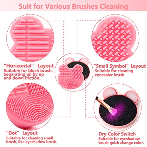 TailaiMei 2 Pack Makeup Brush Cleaning Mat with Color Removal Sponge, 2 in 1 Design Silicone Cleaner Pad for Dry Brush Color Switch and Wet Cleaning (Pink