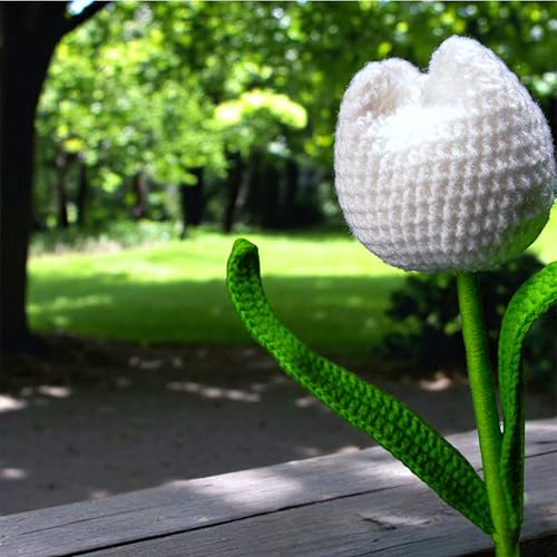 Image of Tulip Crochet Flowers | Handcrafted Artificial Faux Woolen Flower with Long Stem | Natural Looking Knitted Flower for Home, Living Room, Vase & Bouquet Decoration & Gifting | White- 2 Pcs