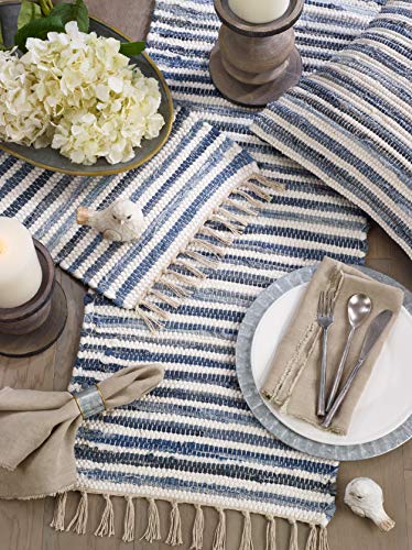 SARO LIFESTYLE 4873.DN1420B Gênes Collection Striped Denim Chindi Placemats (Set of 4), 100% Cotton, 14" x 20" - Image 3