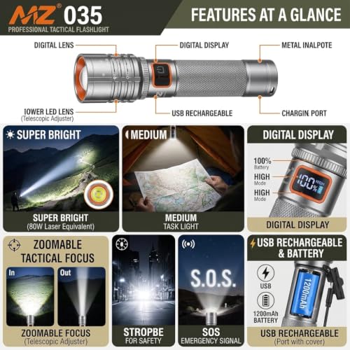 Image of MZ 035 (Zoomable LED Silver Metal Torch) 4 Modes Flashlight | Super Bright & USB Rechargeable Torch, Zoomable Tactical Flashlight with Digital Display