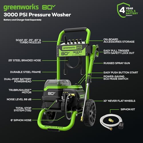 Image of Greenworks 80V 3000 PSI Dual-Port Pressure Washer (2.0 GPM), Tool-Only, Powerful Enough to Remove Pesky Dirt and Grime on Siding, Fences, Patios, Driveways, and Sidewalks