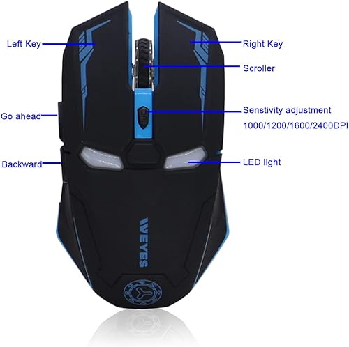Miniatura 6 de ECOiNVA Mouse inalámbrico Iron Man con luz infrarroja invisible y luz decorativa para computadora portátil de escritorio (negro)
