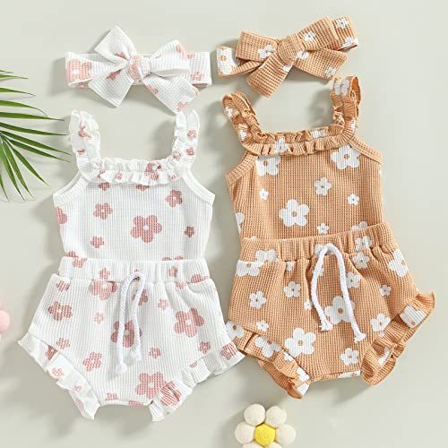 3pcs Toddler Girls Summer Outfits Ribbed Halter Crop Top Romper Bodysuit +Floral Bloomer Shorts+Headband Clothes Set2