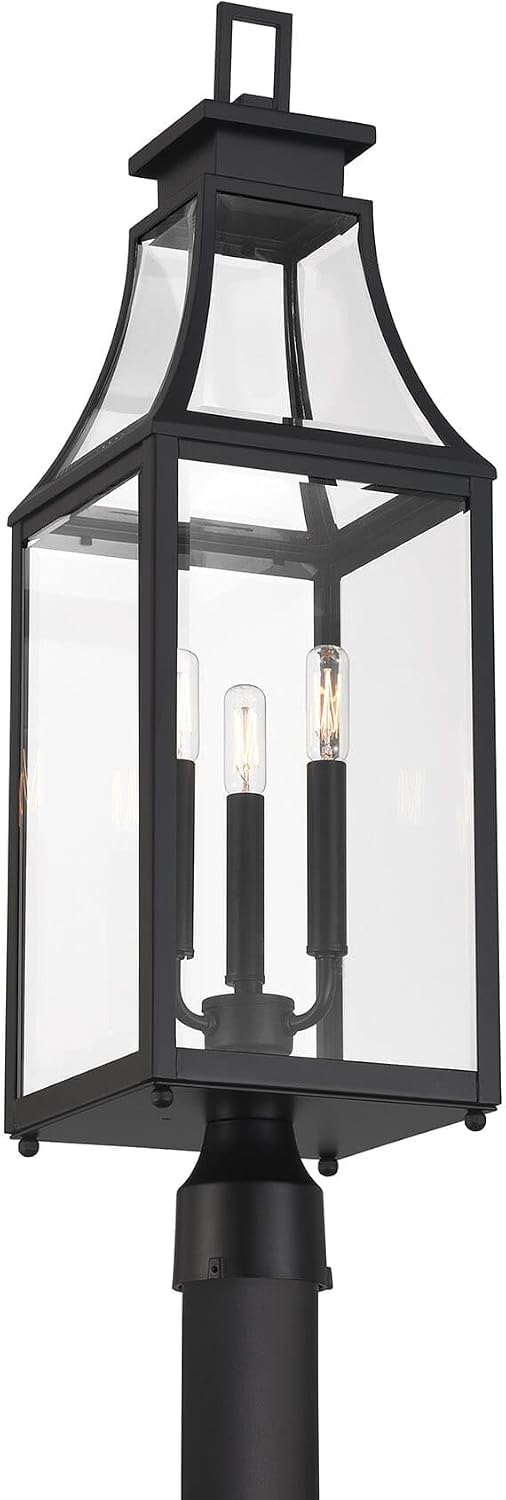 Savoy House 5-609-BK Emery Transitional Modern Farmhouse Clear Beveled Glass Outdoor Post Lantern, 3-Light 180 Total Watts, 29" H x 8" W, Matte Black